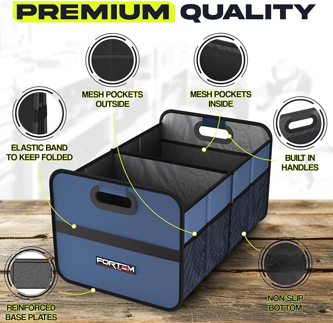 FORTEM Car Trunk Organizer, Collapsible Two Compartment Organizer, Foldable SUV & Truck Storage for Car Accessories for Women Men, Non Slip Bottom, Sturdy Side Walls, Strong Handles, 45L
