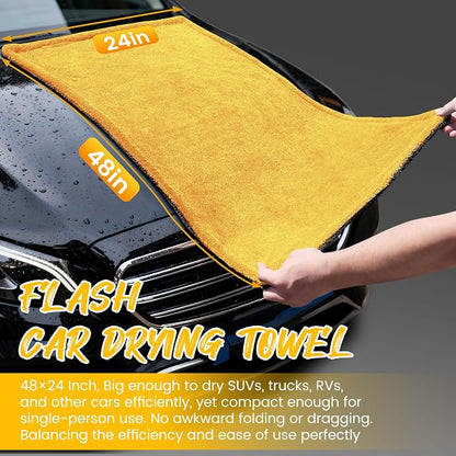 PUGPIU Microfiber Car Drying Towel Extra Large Super Absorbent 48"X24", 1400 GSM Flash Detail Car Wash Drying Towel Edgeless with Two Sided Soft Twisted-Loop, No Water Spots Streaks for Cars (Yellow)