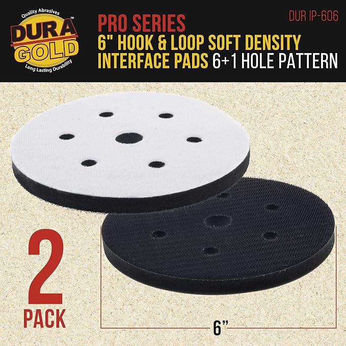 Dura-Gold Pro Series 6" x 10mm Soft Density Interface Sanding Pad, 6 +1 Hole Pattern Dustless, 2 Pack - Hook & Loop Foam Cushion, Used Between Vacuum Sander Discs, Polisher Polishing Pads Backing Pads
