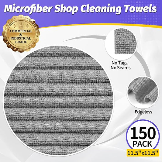 Microfiber Cleaning Cloth,150 Pack Grey Cleaning Rags, Bulk All-Purpose Lint-Free Shop Towels Wipes, Commercial Micro Fiber Cleaning Towels Washcloth for Car Garage Housekeeping 11.5"*11.5"