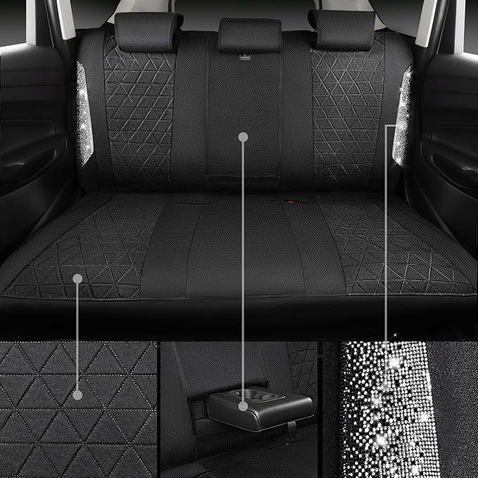 CAR PASS Oxford Bling Diamond Car Seat Covers Full Set Interior Sets, Waterproof Shining Glitter Sparkly Crystal Universal Armrest Fit 95% Automotive Truck SUV Cute Women Girl, Black Silver Rhinestone