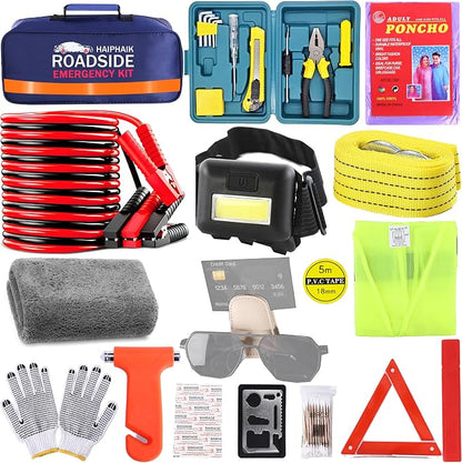 Car Emergency Kit with Jumper Cables Car Safety Kit Vehicle Emergency | Car Emergency Kits for Vehicles Headlamps, Car Glasses Holder, Safety Hammer, Ideal Gifts for New Drivers
