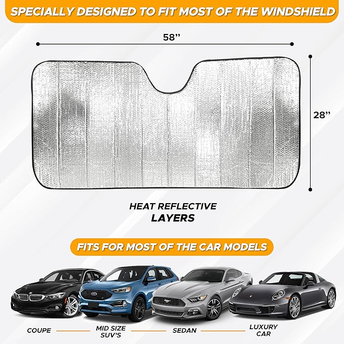 EcoNour Accordion Foldable Windshield Sun Shade | Premium Reflective Sun Visor for SUVs & Pickups Windshields | UV & Heat Reflective Sunshade with Durable Dual-Layer Design | Large (58 x 28)