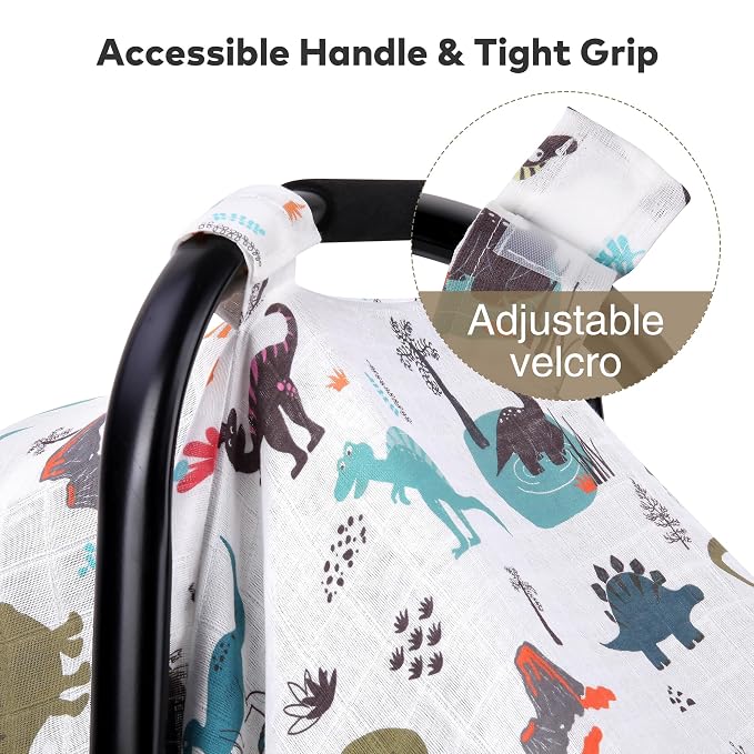 Rquite Baby Boy Car Seat Cover, 100% Muslin Cotton Infant Carseat Canopy, Soft Breathable Stroller Sun Shade & Newborn Shower Gift, Large Size Universal Fit Summer, Hot & Warm Weather (Gray Dinosaur)