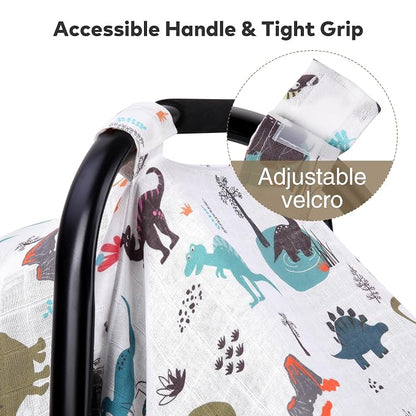 Rquite Baby Boy Car Seat Cover, 100% Muslin Cotton Infant Carseat Canopy, Soft Breathable Stroller Sun Shade & Newborn Shower Gift, Large Size Universal Fit Summer, Hot & Warm Weather (Gray Dinosaur)