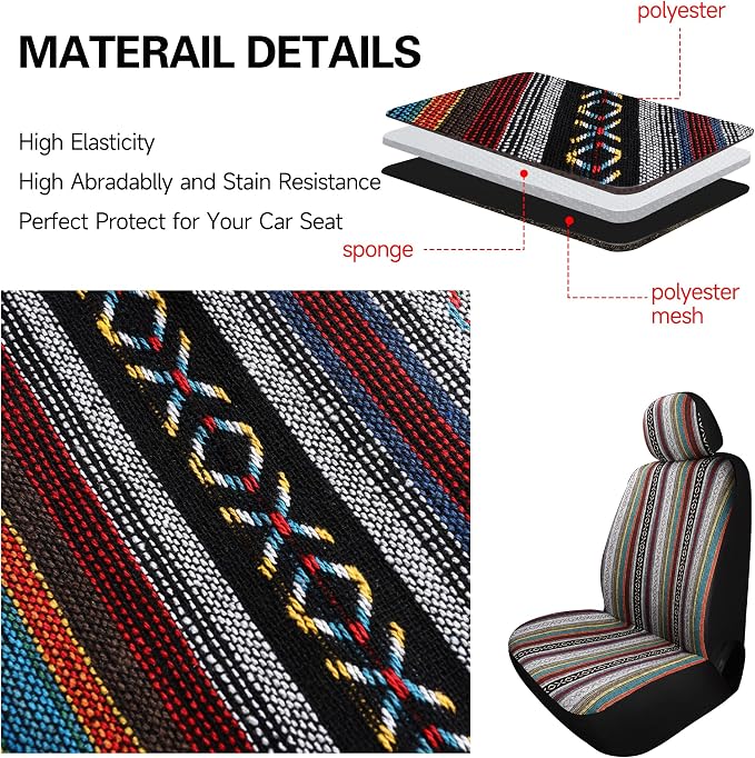 HAIYAOTIMES Baja Saddle Blanket Car Seat Covers Front Set with Seat Belt Pads, Washable Breathable Seat Covers for Cars, Universal Fit Interior Covers for Most Sedan Truck SUV, Airbag Compatible, Red
