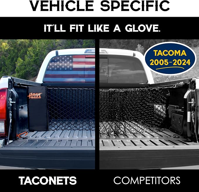 TacoNets Envelope Cargo Net for Toyota Tacoma - Fits 2005-Current - Patented Bed Rail Integration - Upgraded 5mm Bungee - Integrated Storage Bag - Heavy Duty Carabiners - Designed in USA