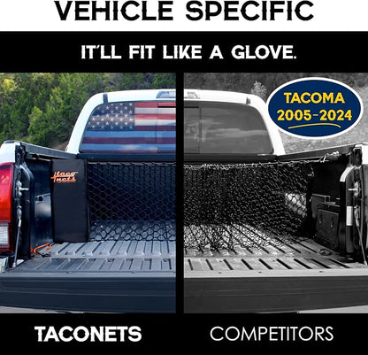TacoNets Envelope Cargo Net for Toyota Tacoma - Fits 2005-Current - Patented Bed Rail Integration - Upgraded 5mm Bungee - Integrated Storage Bag - Heavy Duty Carabiners - Designed in USA