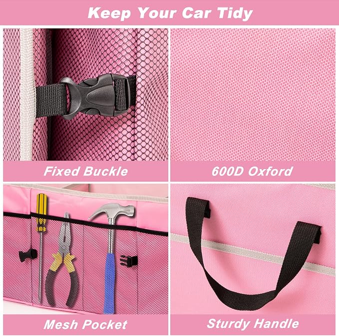 Car Trunk Organizer with Individual Cooler Bag - 3 Compartments Trunk Organizer for Car Collapsible Car Storage Organizer for SUV (Pink)