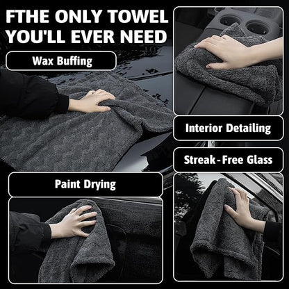 Greenfound 1000GSM Car Drying Towel 18"x24", Edgeless Double Twist Pile, Ultra Absorbent Microfiber Towel, Scratch-Free Lint-Free Streak-Free for Auto Detailing & Car Wash – Check Silver&Grey