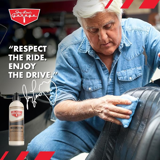 Jay Leno's Garage Car Leather Conditioner and Auto Leather Care - Professional Leather Conditioner for Car Seats, Nourishes Protects & Restores, Lanolin & Beeswax Formula, Non-Greasy Finish (16 oz)