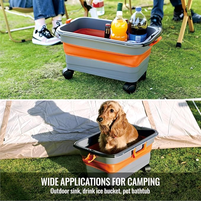 Glide CB 55 Collapsible Bucket 5.5 Gallon for Car Washing with Wheels, Handle, Drain Plug and Water Outlet, Foldable Multi-Use for Mop Cleaning, Camping, RV, Pet Bathing and Laundry
