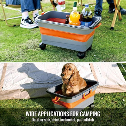 Glide CB 55 Collapsible Bucket 5.5 Gallon for Car Washing with Wheels, Handle, Drain Plug and Water Outlet, Foldable Multi-Use for Mop Cleaning, Camping, RV, Pet Bathing and Laundry
