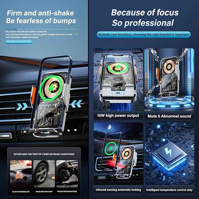 Car Phone Holder Charger Wireless Cell Phone Car Mount - 15W Fast Charging Auto-Clamping Air Vent Car Phone Mount Charger for iPhone 16 Pro Max 16 15 14 13 12 Pro and Sumsung Galaxy Series