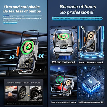 Car Phone Holder Charger Wireless Cell Phone Car Mount - 15W Fast Charging Auto-Clamping Air Vent Car Phone Mount Charger for iPhone 16 Pro Max 16 15 14 13 12 Pro and Sumsung Galaxy Series