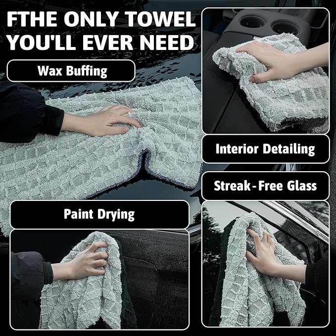 Greenfound 1000GSM Car Drying Towel 18"x24", Edgeless Double Twist Pile, Ultra Absorbent Microfiber Towel, Scratch-Free Lint-Free Streak-Free for Auto Detailing & Car Wash – Check Silver&Grey