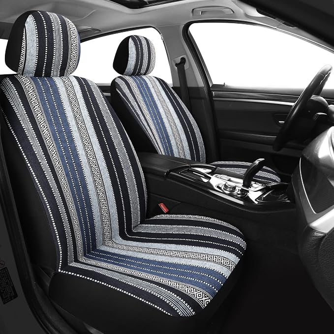 HAIYAOTIMES Baja Saddle Blanket Car Seat Covers Front Set with Seat Belt Pads, Washable Breathable Seat Covers for Cars, Universal Fit Interior Covers for Most Sedan Truck SUV, Airbag Compatible, Blue