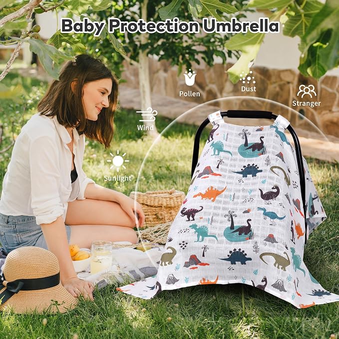 Rquite Baby Boy Car Seat Cover, 100% Muslin Cotton Infant Carseat Canopy, Soft Breathable Stroller Sun Shade & Newborn Shower Gift, Large Size Universal Fit Summer, Hot & Warm Weather (Gray Dinosaur)
