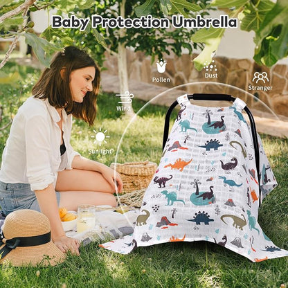 Rquite Baby Boy Car Seat Cover, 100% Muslin Cotton Infant Carseat Canopy, Soft Breathable Stroller Sun Shade & Newborn Shower Gift, Large Size Universal Fit Summer, Hot & Warm Weather (Gray Dinosaur)