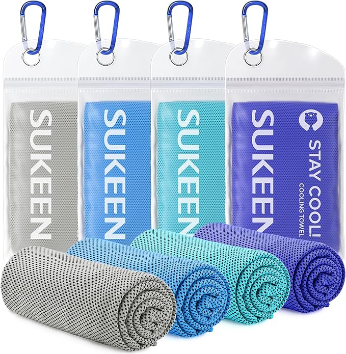 Sukeen Cooling Towels for Neck and Face, 4 Pack Cooling Towels for hot Weather (40"x12"), Cooling Rags for Yoga, Sport, Running, Workout,Gym, Camping, Fitness, Workout & More Activities
