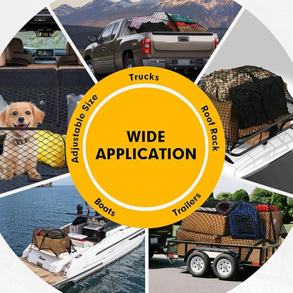 Cargo Net for Pickup Truck Bed 4'×4' Stretches to 7'×7', Highly Elastic Truck Bed Net with Fine Mesh & 8 Strong Metal Carabiners, Easy to Install Cargo Netting for Vehicles, Trailers, Boats