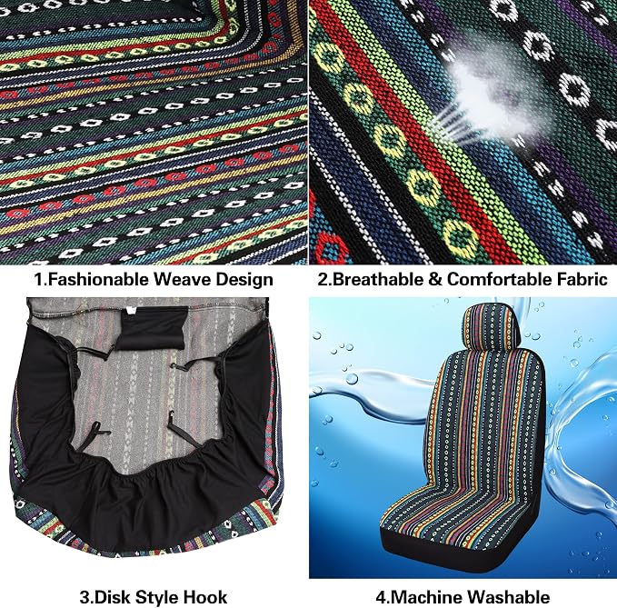 HAIYAOTIMES Baja Saddle Blanket Car Seat Covers Front Set with Seat Belt Pads, Washable Breathable Seat Covers for Cars, Universal Fit Interior Covers for Most Cars, Airbag Compatible, Red/Blue