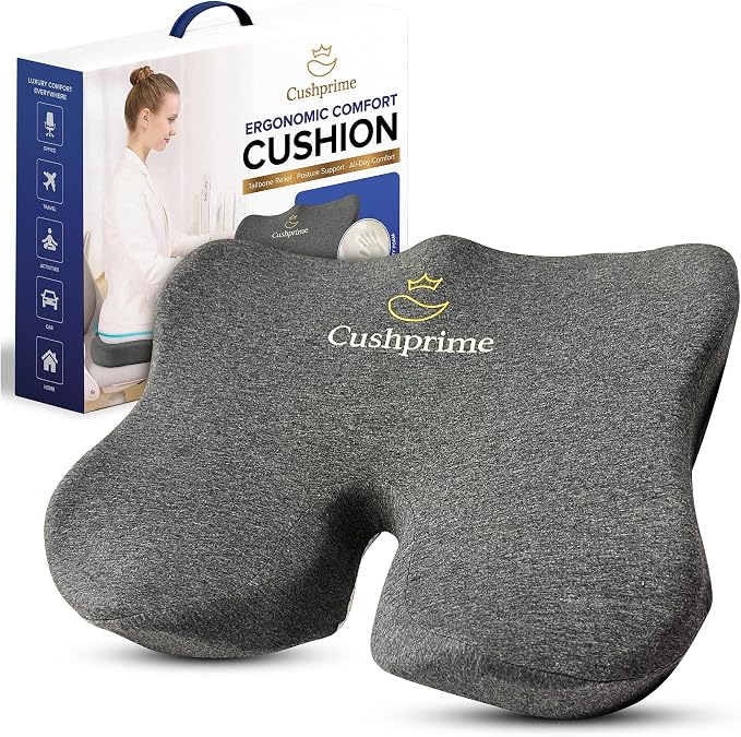 Memory Foam Seat Cushion for Chair, Tailbone Pain Relief, Ergonomic Support for Coccyx, Back & Butt, Office & Car Ergonomic Chair Cushion with Non-Slip Base and Washable Cover, Dark Gray