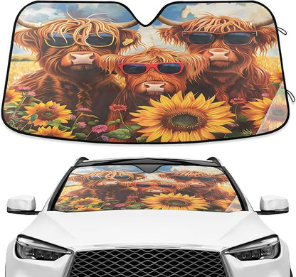 Highland Cows Sunflowers Windshield Sunshade Car Sun Shade Front Window Shade for Truck SUV Blocks UV Rays Sun Reflector Visor Protector Accordion Folding