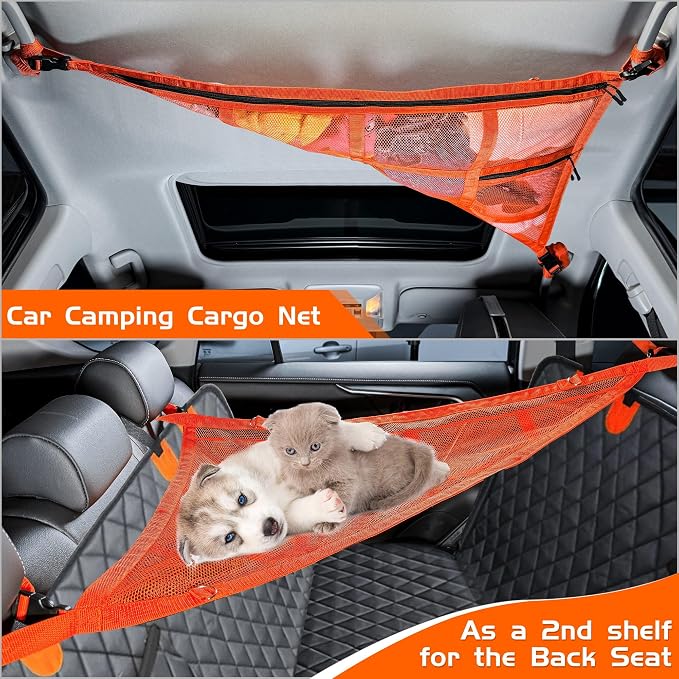 3 Handles Car Ceiling Cargo Net for Inside Car Roof,Interior Mesh Storage,Truck SUV Travel Long Road Trip Camping Interior Accessories 35.4"x25.6",Orange