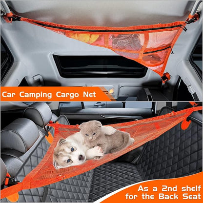 3 Handles Car Ceiling Cargo Net for Inside Car Roof,Interior Mesh Storage,Truck SUV Travel Long Road Trip Camping Interior Accessories 35.4"x25.6",Orange