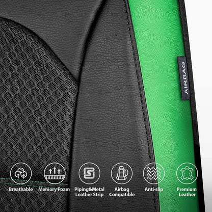 Car Pass Memory Foam Leather Seat Covers,Air Cool Mesh Thick Car Seat Covers Front Seat Green Leather Seat Covers for Cars Universal for SUVs Trucks,Airbag Compatible Comfort Durable,Black Green Metal