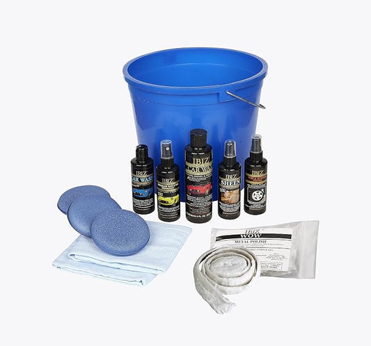 IBIZ® Car Detailing Kit: Car Wash, Wax, Tire Shine, Leather Cleaner, Metal Cleaner & More