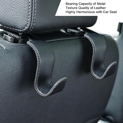 Amooca Car Seat Headrest Hook 4 Pack Metal Core Hanger Universal Car Storage Organizer for Handbag Purse Coat S Type Leather Black