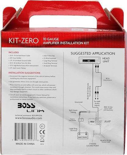 BOSS Audio Systems KIT-ZERO 10 Gauge Car Amplifier Install Wiring Kit - Makes Connections and Brings Power to Your Radio, Subwoofers and Speakers