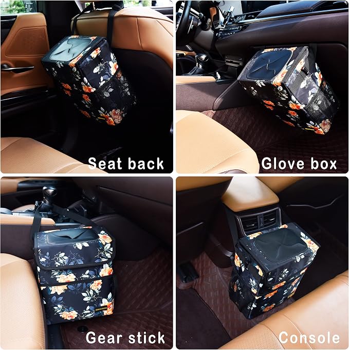 SIBOFUEGO Cute Car Trash Can with Lid – Multipurpose Collapsible Trash Bin for Car, Leak-Proof Organizer, Waterproof Garbage Can with Storage Pockets & Adjustable Straps, 2 Gallons (Flower)