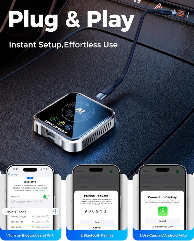 Magic AI Box Wireless CarPlay Adapter, Fast Car Video Box Plug & Play, Easy Setup, Supports Netflix/YouTube/TF Card Streaming Equalizers and More for OEM Wired CarPlay/Android Auto Cars(Smoky Gray)