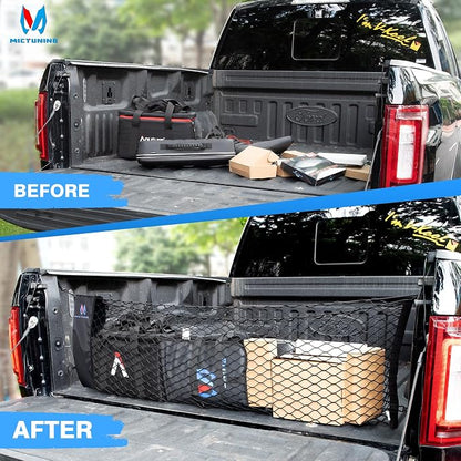MICTUNING Truck Bed Cargo Net Highly Elastic Cargo Net with Storage Bag Small Mesh Durable Storage Organizer Compatible for 2013-2024 Chevy Silverado (16.9"" X 49"" to 62""), Black