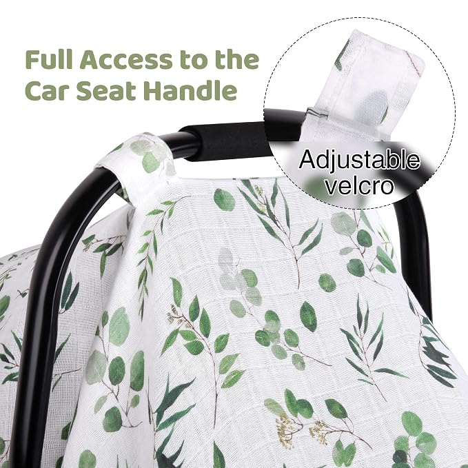 Rquite Car Seat Cover Baby for Boys Girls, 100% Muslin Cotton Infant Carseat Canopy, Soft Breathable Stroller Sun Shade & Newborn Shower Gift, Large Size Universal Fit Summer, Hot & Warm Weather