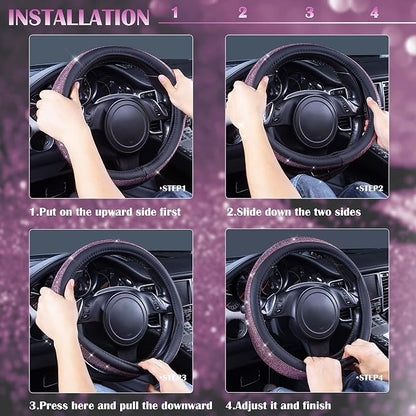 CAR PASS Bling Diamond Leather Steering Wheel Cover, Bling Sparkly Crystal Glitter Rhinestones Universal Fit 14" 1/2-15" Car Wheel Protect for Women Girl Fit Suvs,Vans,Sedans,Cars,Trucks, Pink Black