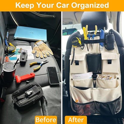 Car Seat Back Organizer with Multiple Storage Pockets, Black Mesh and Fabric, Universal Fit (beige)