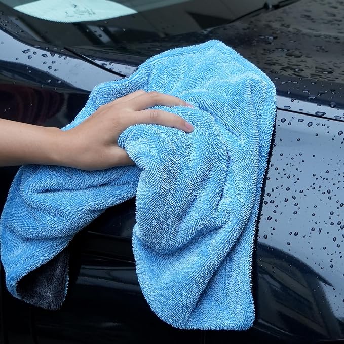 Greenfound 1000GSM Car Drying Towel 18"x24", Edgeless Double Twist Pile, Ultra Absorbent Microfiber Towel, Scratch-Free Lint-Free Streak-Free for Auto Detailing & Car Wash – Blue&Grey