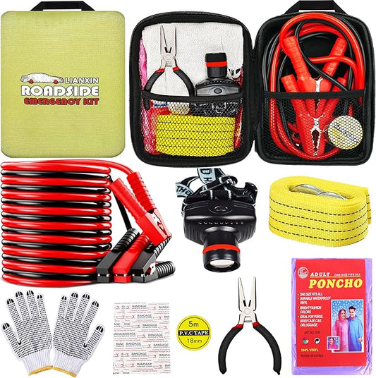 Emergency Roadside Kit for Car With Jumper Cables, Gift for New Drivers | Car Emergency Kit Easy to Carry with Headlamp Tow Rope, Gloves, Pliers, for Breakdowns, Travel for Women and Man Teen Boys