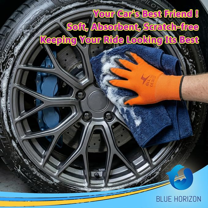 Microfiber Fingers Dusting & Cleaning Mitt and Large Towel Set, Machine Washable, Highly Absorbent Car Detailing Cleaner for Drying, Washing and Wax Polishing (1 Green Mitt, 1 Blue Towel)