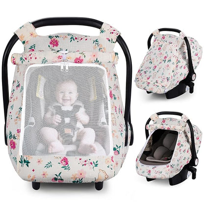Rquite Car Seat Cover Baby, Carseat Covers Girl Boy, Breathable Muslin Cotton, Large Mesh Window, Infant Car Seat Canopy Baby Carrier Cover Stroller Sun Shade for Summer & Hot Day