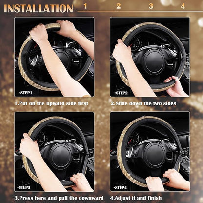 CAR Pass Rhinestones Diamond Bling Steering Wheel Cover, Universal Fit for SUV,Vans,Sedan,Car,Truck 14.5-15inch Universal Fit (Golden) Crystal Glitter for Women Sparkle Girly Sparkling Gold Shining