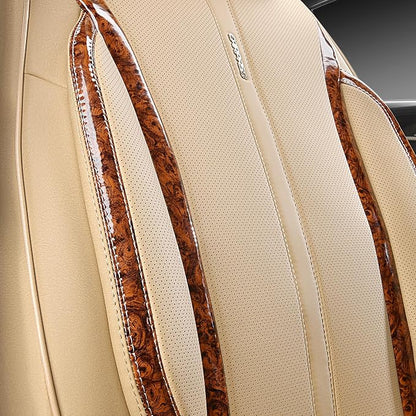 CAR PASS Beige Leather Car Seat Covers, Breathable Waterproof Nappa Automotive Seat Covers Full Set, Anti-Slip Driver Seat Cushion with Backrest Universal Fits SUV Pick-up Truck Sedan, Wood Grain