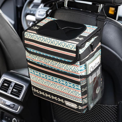 SIBOFUEGO Car Garbage Can Cute - Leak-Proof Car Trash Can with Lid and Storage Pockets, Car Trash Bin for Men and Women, Boho Aztec Essentials: Must-Have Car Interior Accessories (Beige Aztec Motif)