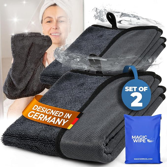 Magicwipe® Bathroom Drying Cloth XL (40×60 cm, 2 Pack) – Removes Limescale & Hard Water Stains in Seconds with Just Water – Streak-Free for Shower Glass & Tiles – Reusable Microfibre Cloth