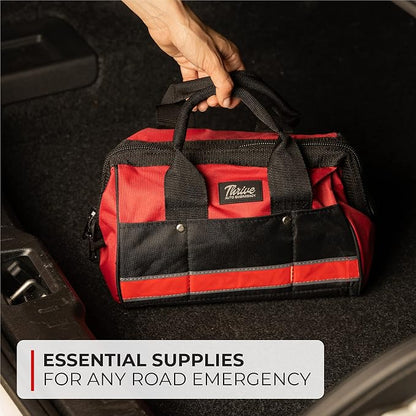 Thrive Car Emergency Kit & Roadside Emergency Car Kit - 104-Piece Set, Red Canvas Bag, Universal Fit - Jumper Cables, Escape Hammer & Tire Gauge - Road Trip Essentials & Emergency Supplies