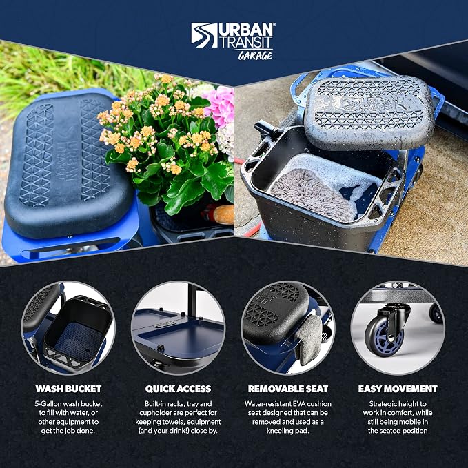 URBANTRANSIT Rolling Car Wash Stool with Bucket - Save Your Back, an Ideal Caddy Cart for Car Detailing, Cleaning, Painting and Gardening - 350 Lb Capacity with Easy-Glide Wheels and Removable Seat